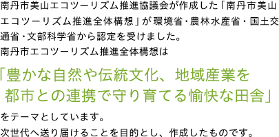 南丹市美山エコツーリズム推進全体構想は「豊かな自然や伝統文化、地域産業を都市との連携で守り育てる愉快な田舎」をテーマとし、地域へ訪れた都市住民との交流を深め、地域の宝を共有することにより、地域に暮らす一人ひとりが伝統文化を守り次世代へ送り届けることを目的とし、作成したものです。